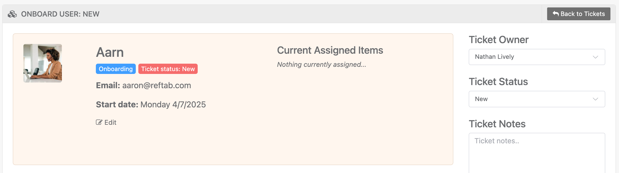 Onboard new user ticket
