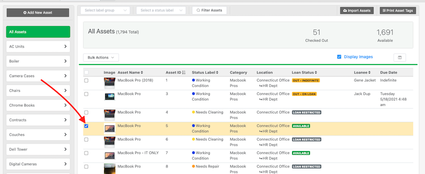 check box asset table