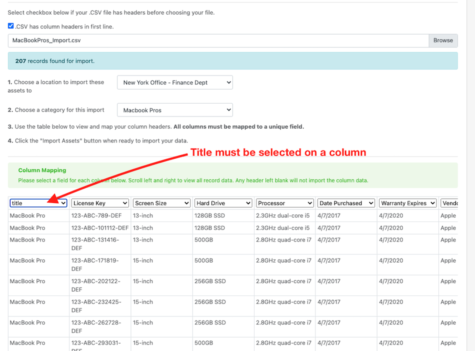 title column asset import