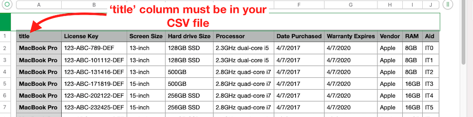 title column in csv