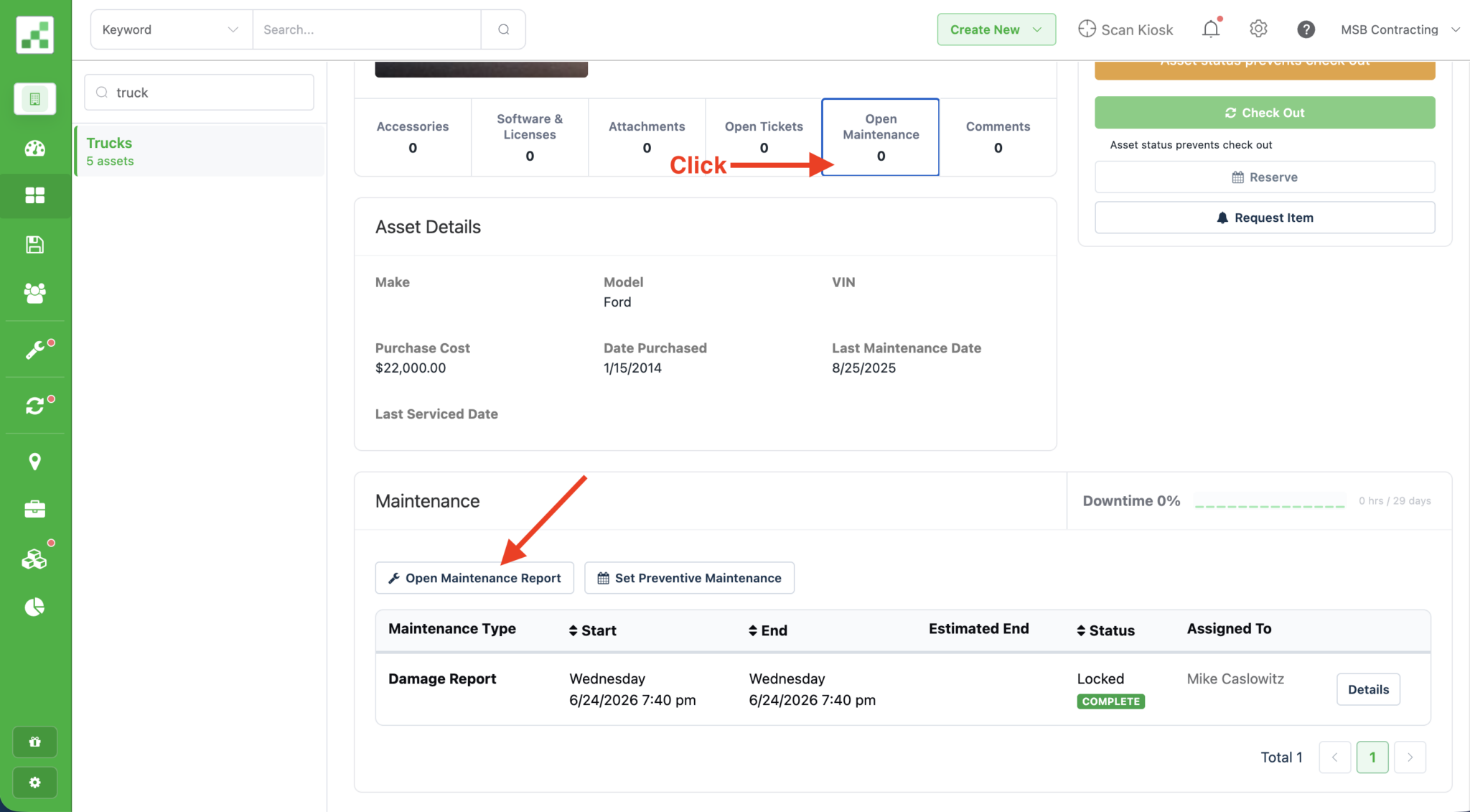 How to open maintenance on asset