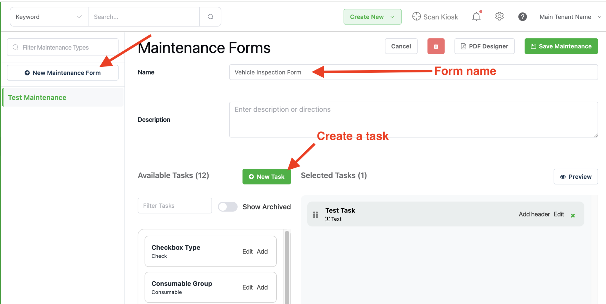 New maintenance form