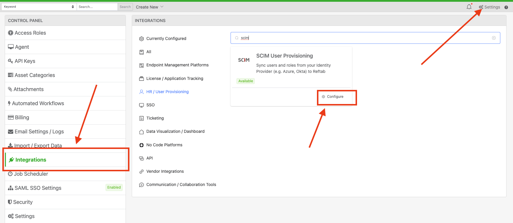 Integrations page with SCIM