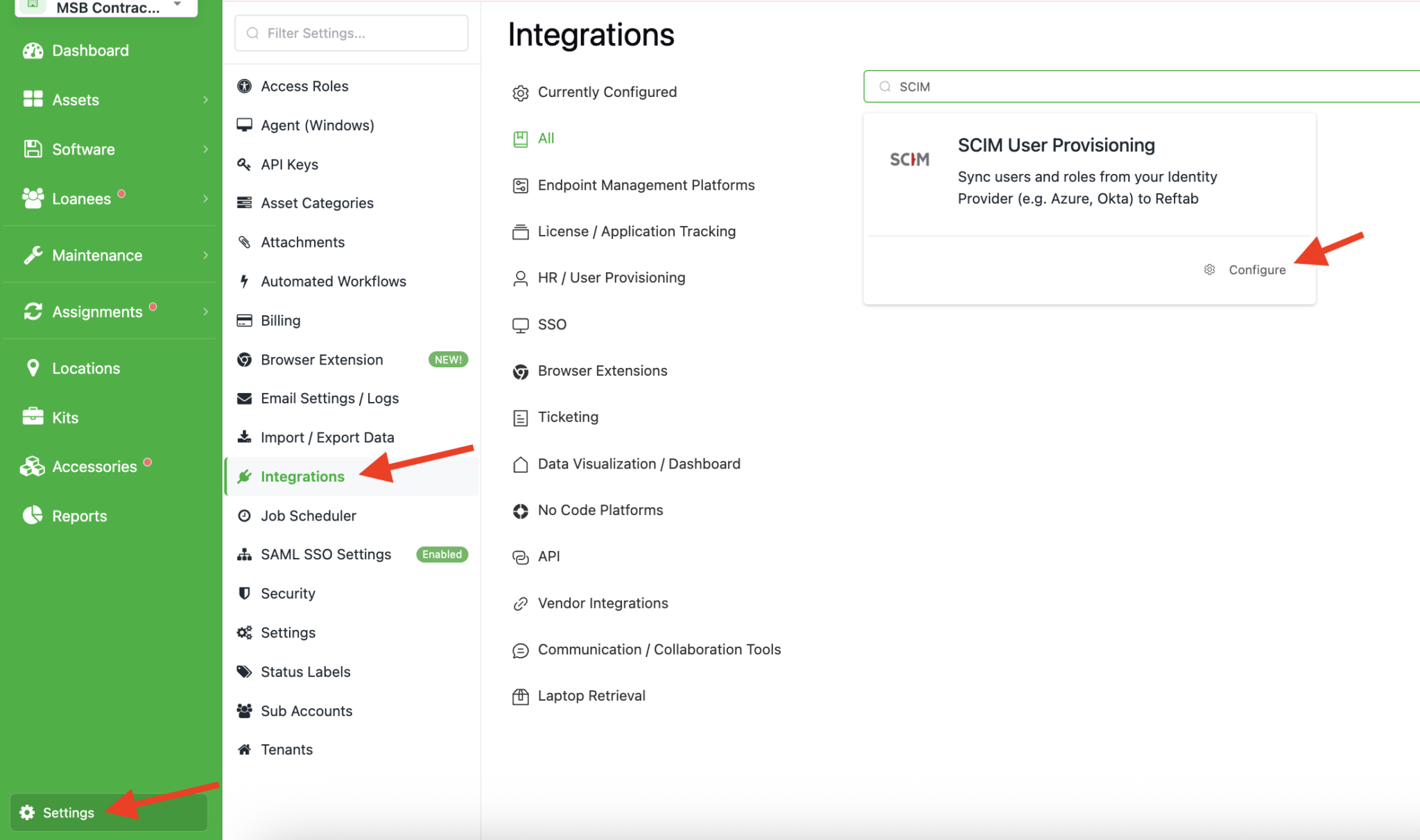Integrations page with SCIM