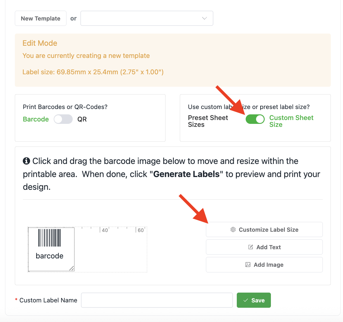 Customize label size