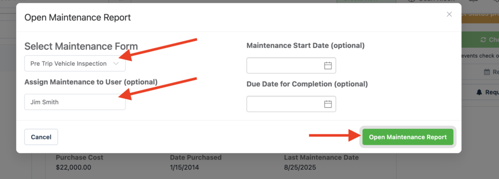 Select maintenance form and assign to user