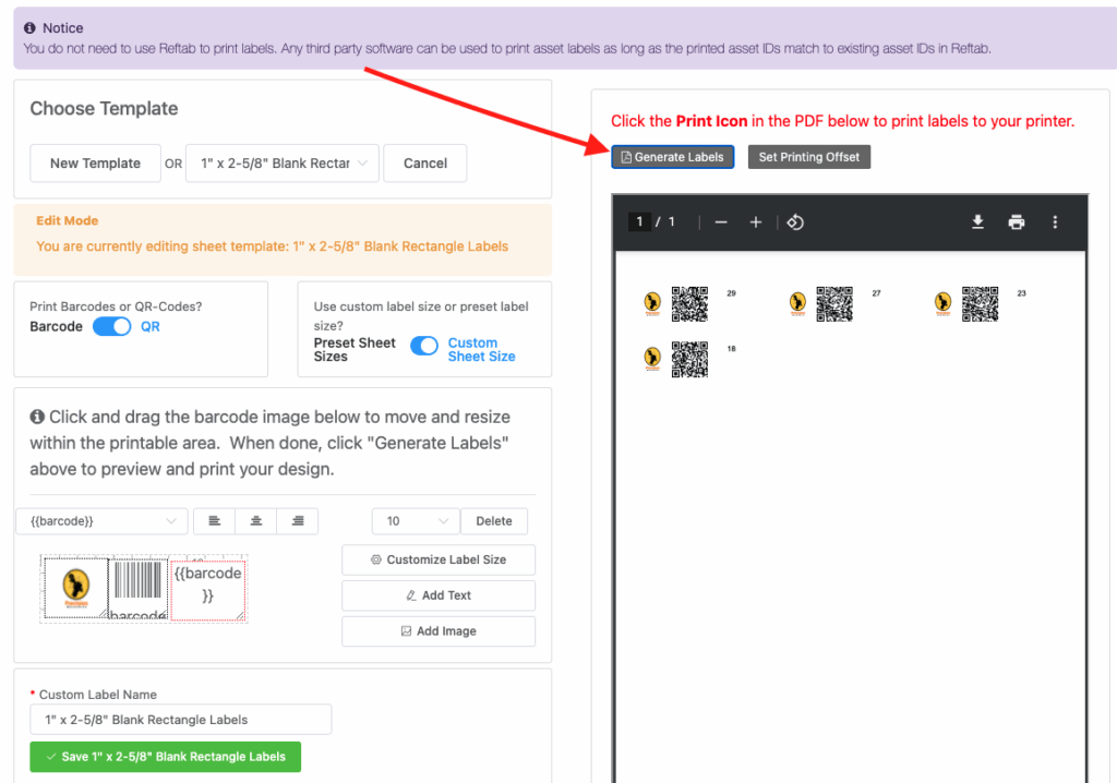 Generate labels page