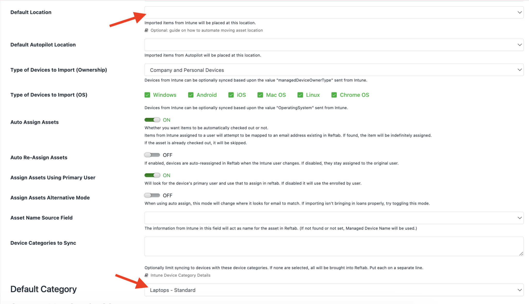 Choose default location and category for Intune Devices