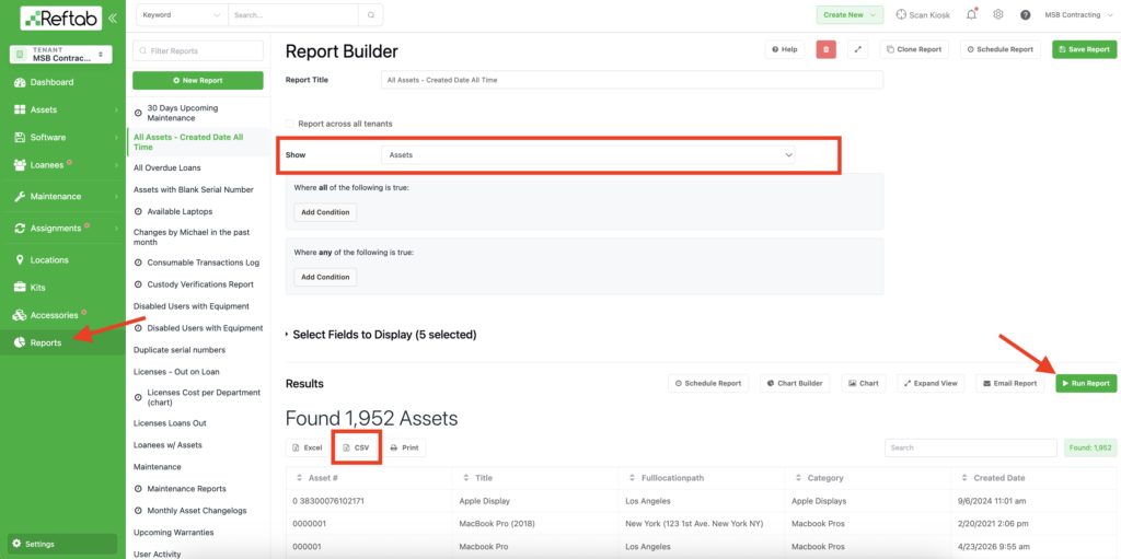 All assets report to retrieve csv