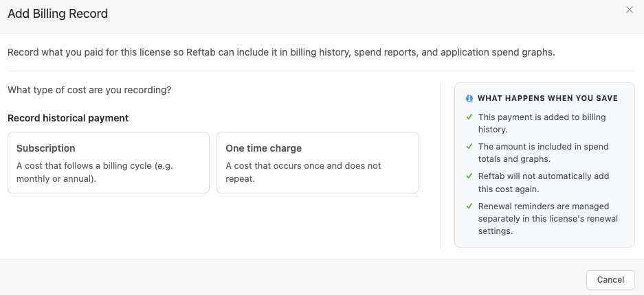 Reftab - add software billing record
