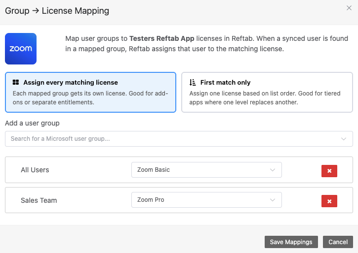 Reftab - assign licenses by group