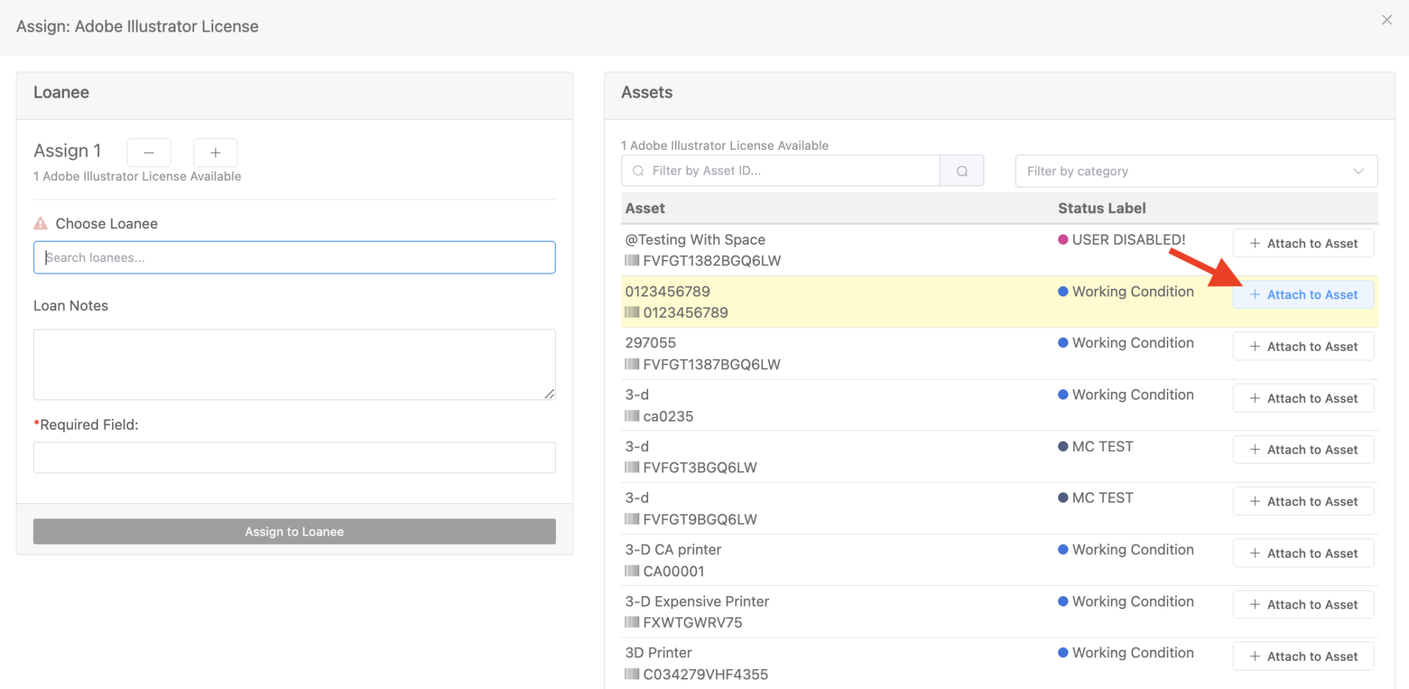 attach license to asset