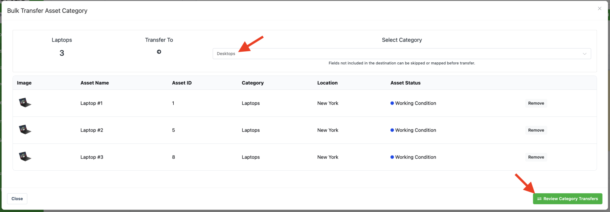 Select the category to transfer to, then review