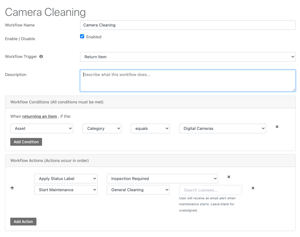 Maintenance camera cleaning