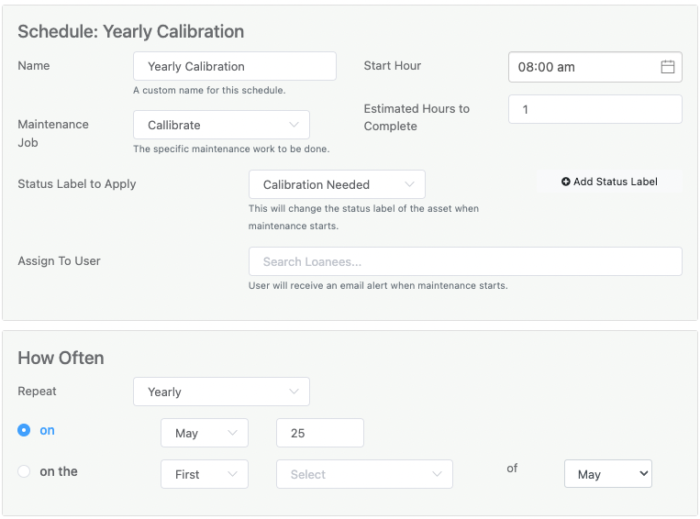 Schedule asset management calibration
