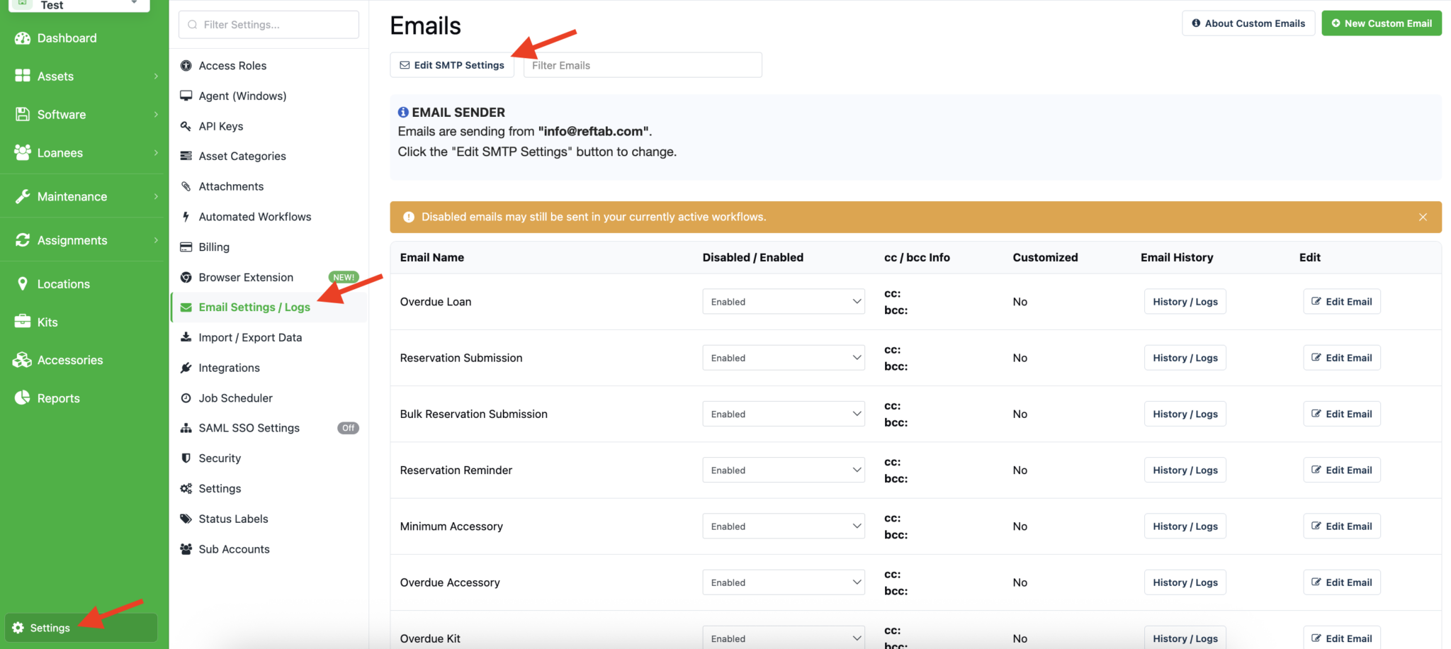 Edit SMTP settings