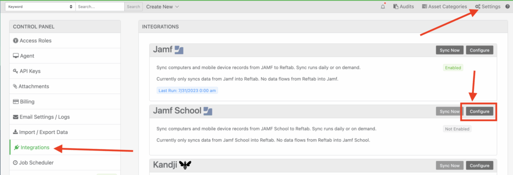 Setting integration dashboard jamf school