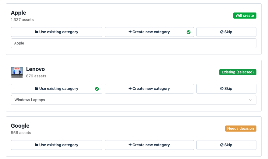 Choose action for each grouping when importing assets