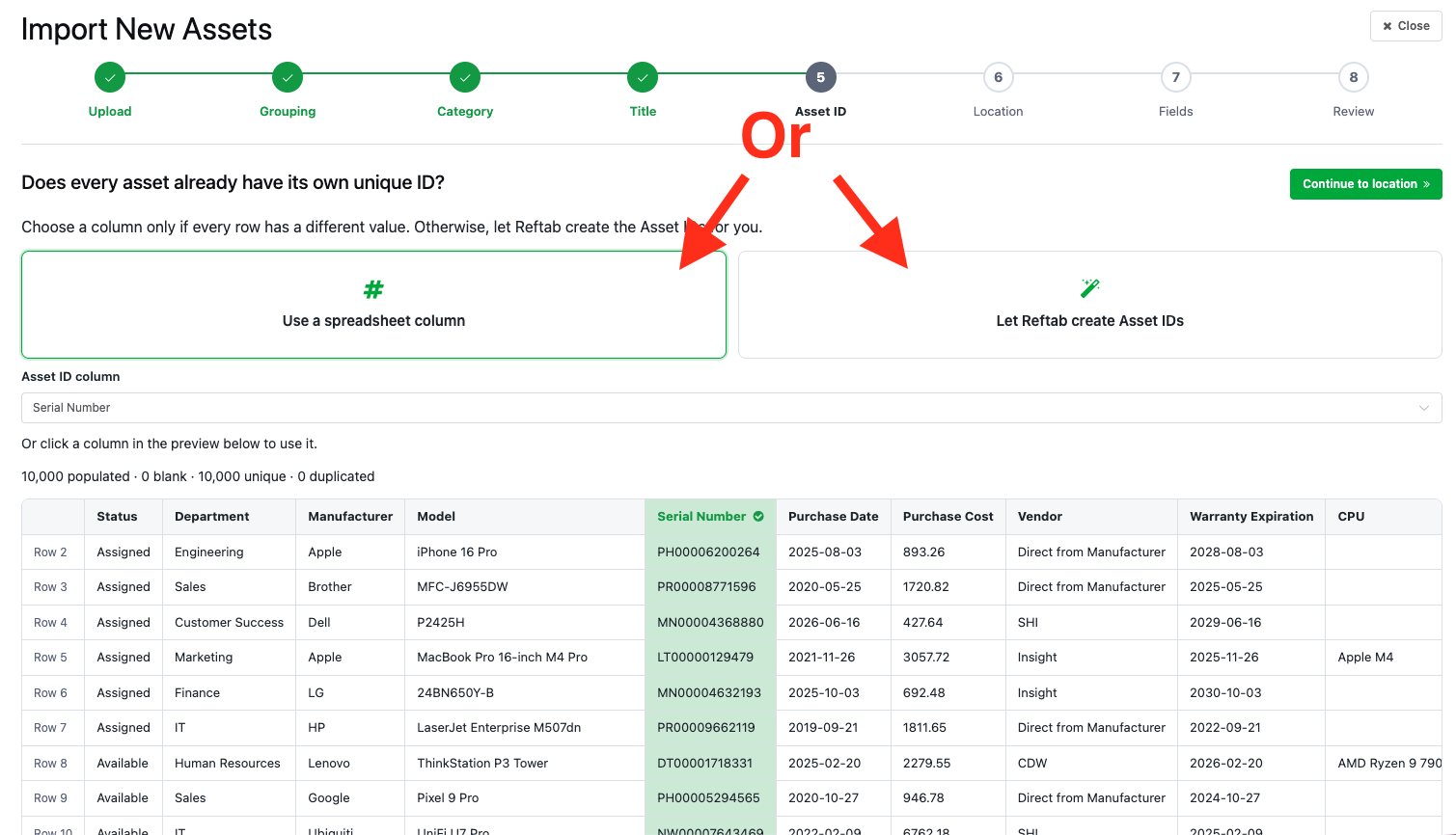 Choose how you want to handle Asset IDs during asset import