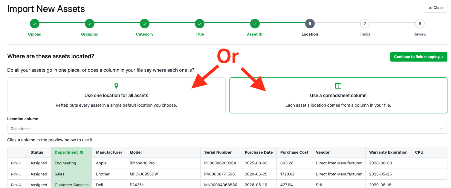 Choose how you want to handle locations during asset import