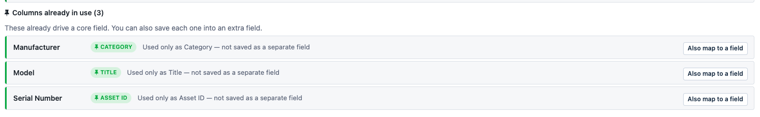 Columns already in use when importing assets