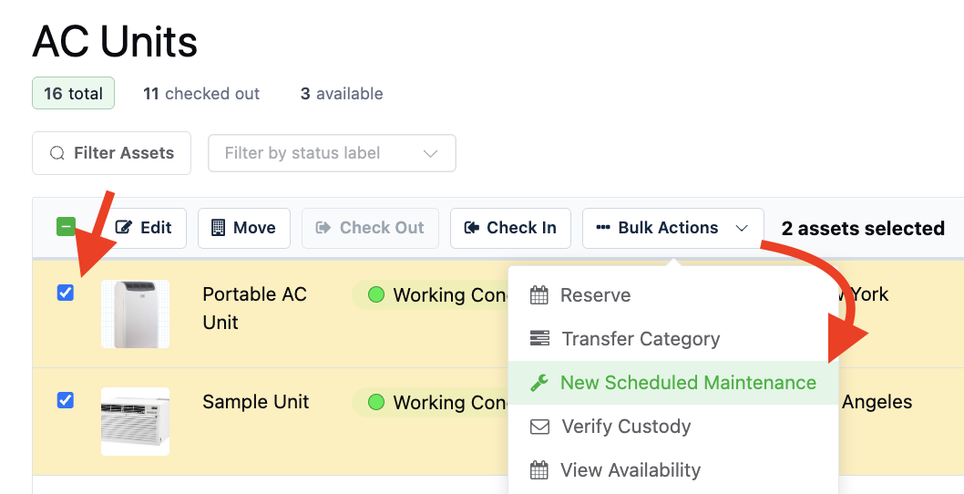 bulk select and schedule new maintenance