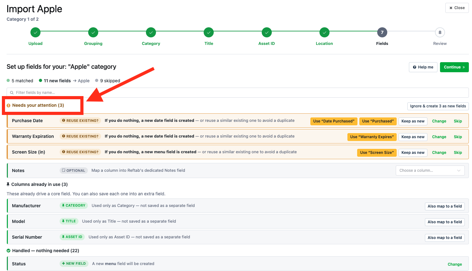 Suggested field mappings when importing assets