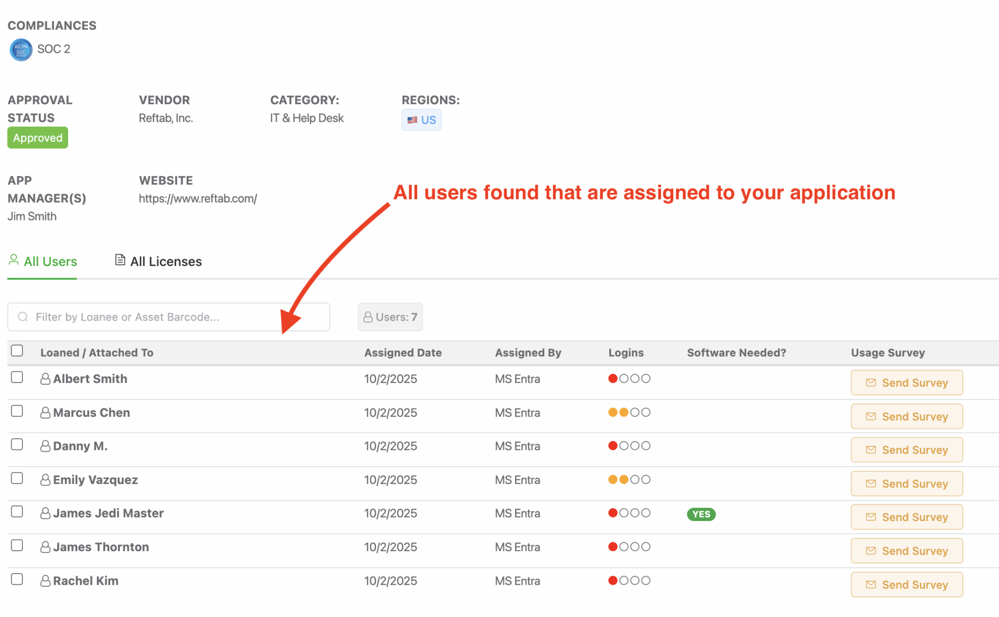 Viewing the users tab in a license
