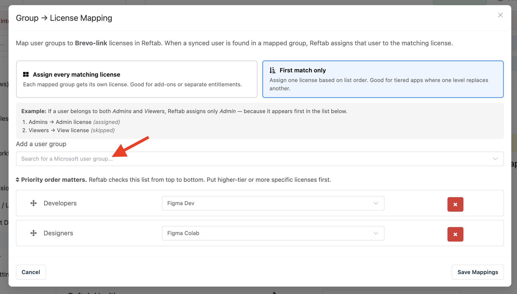 Reftab assign license by group