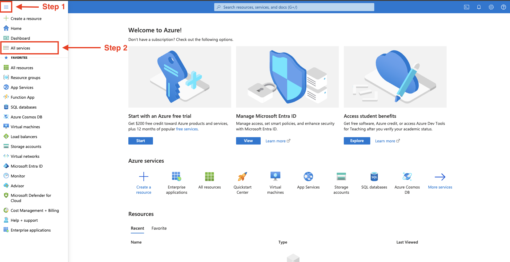 Click the menu tree in the top left corner, and then click “All services”