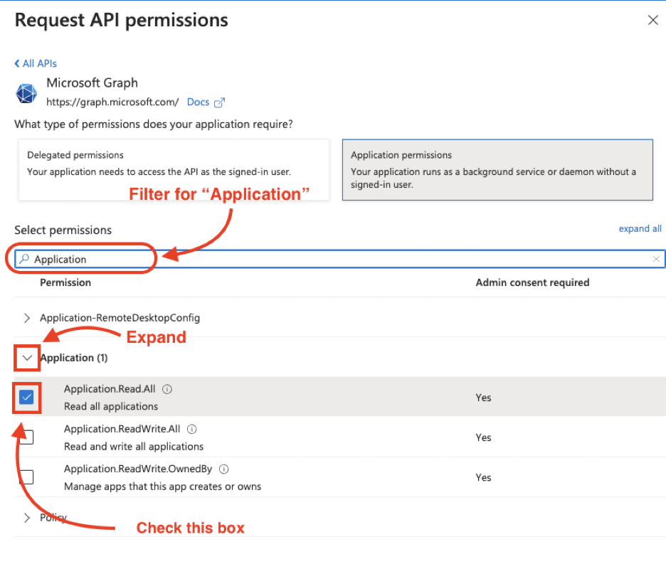 Filter by typing in the respective box and search for “Application”