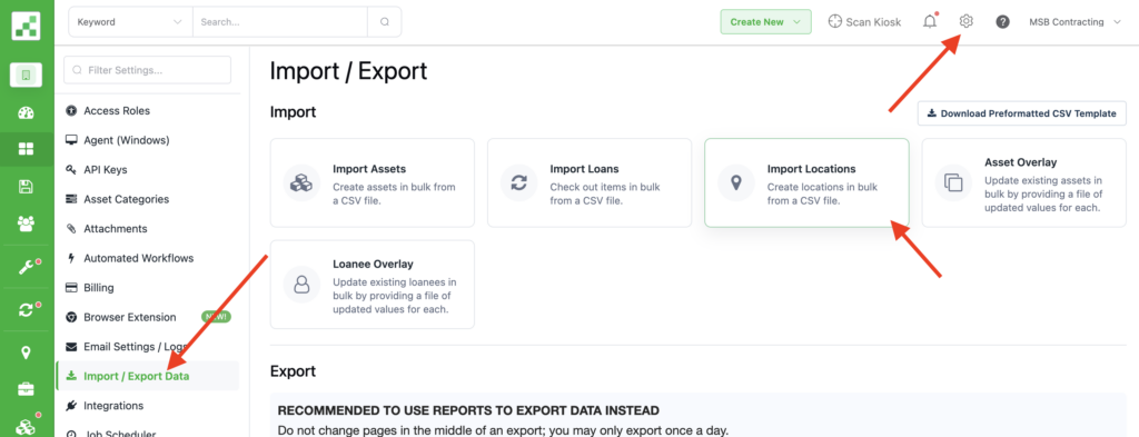 Settings Page Import Locations