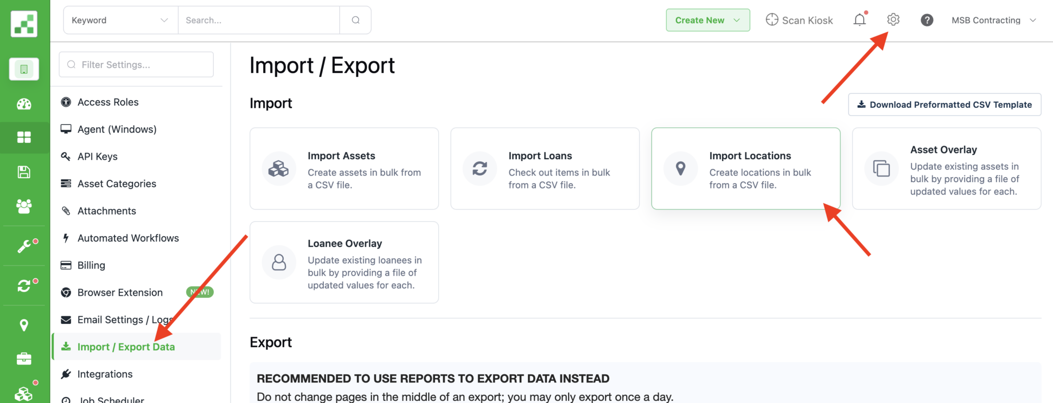 Settings Page Import Locations
