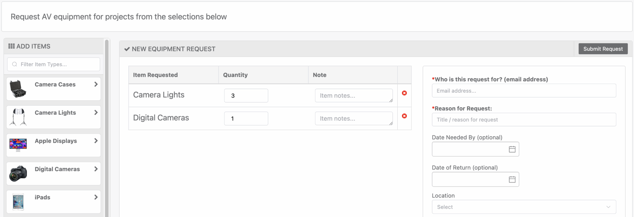 Custom equipment request page