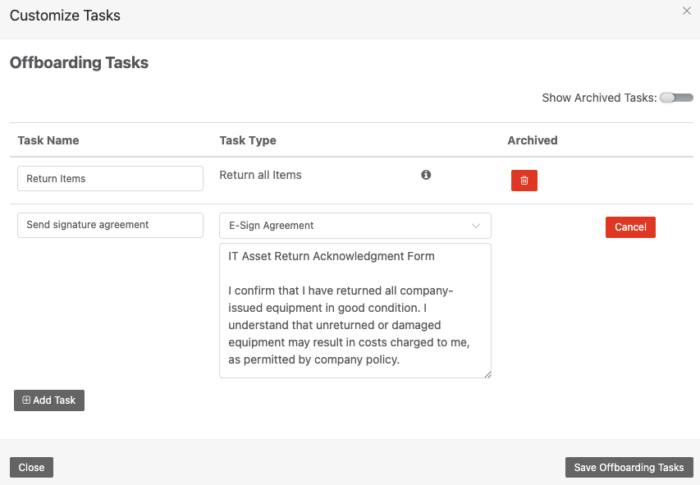 Editing custom offboarding tasks