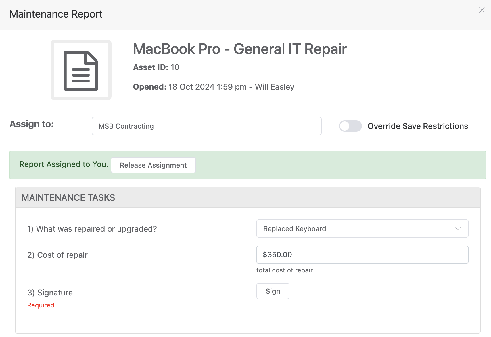 Custom work order screenshot - IT