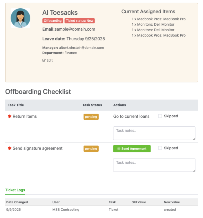 Viewing offboarding user ticket