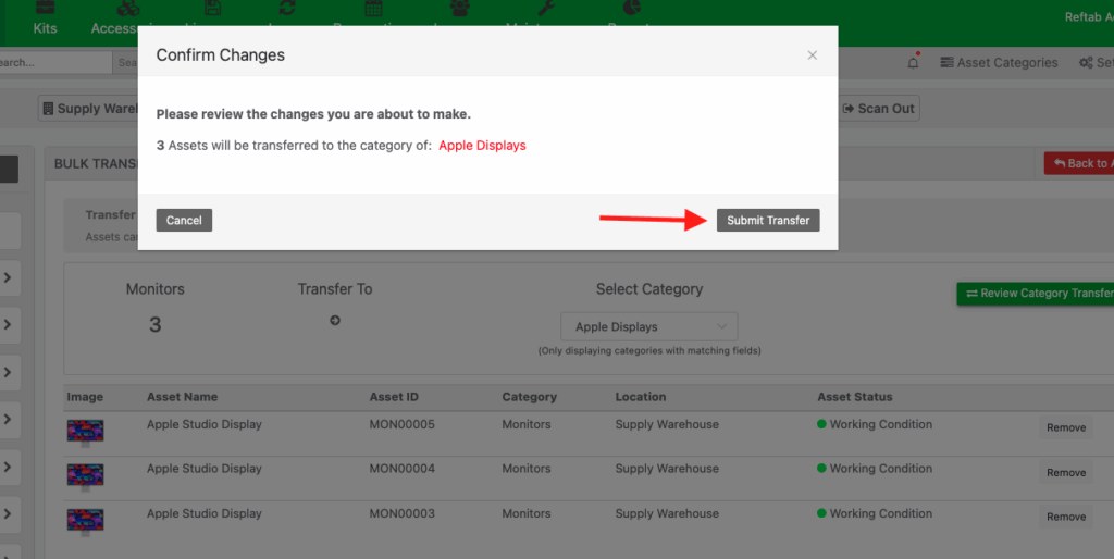 Asset category submit transfer