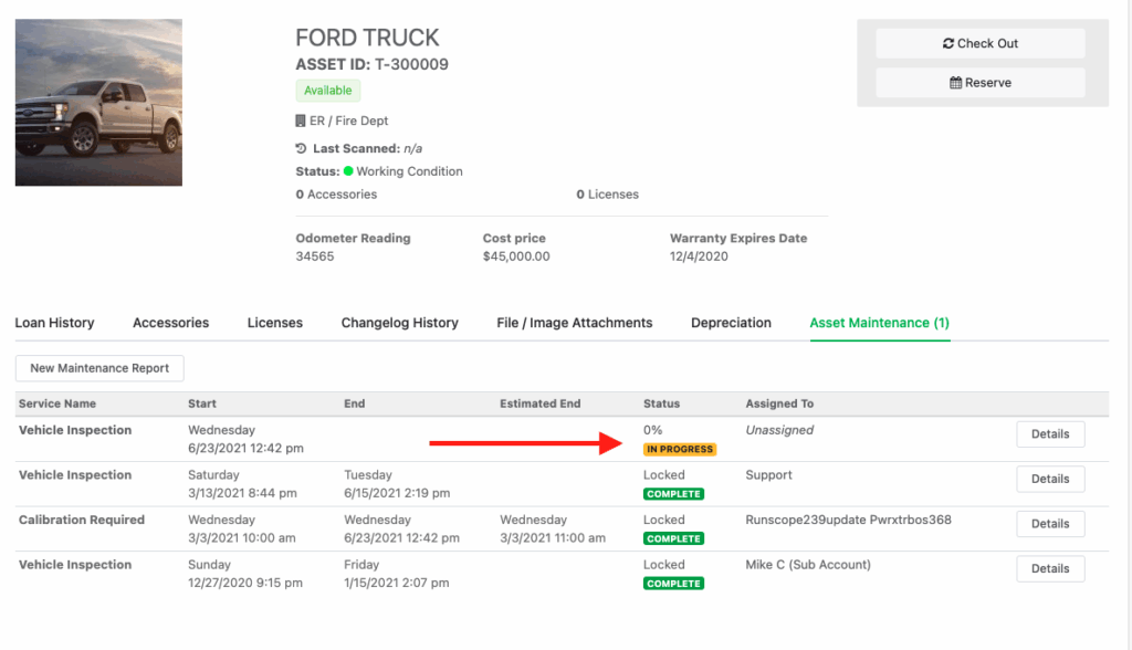 Asset maintenance ford truck