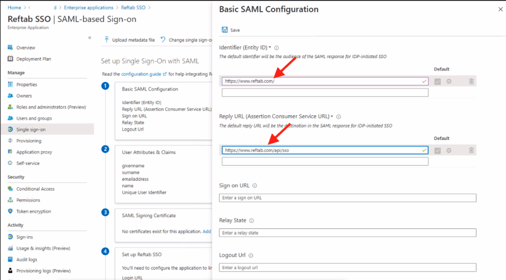 Basic saml configuration setting