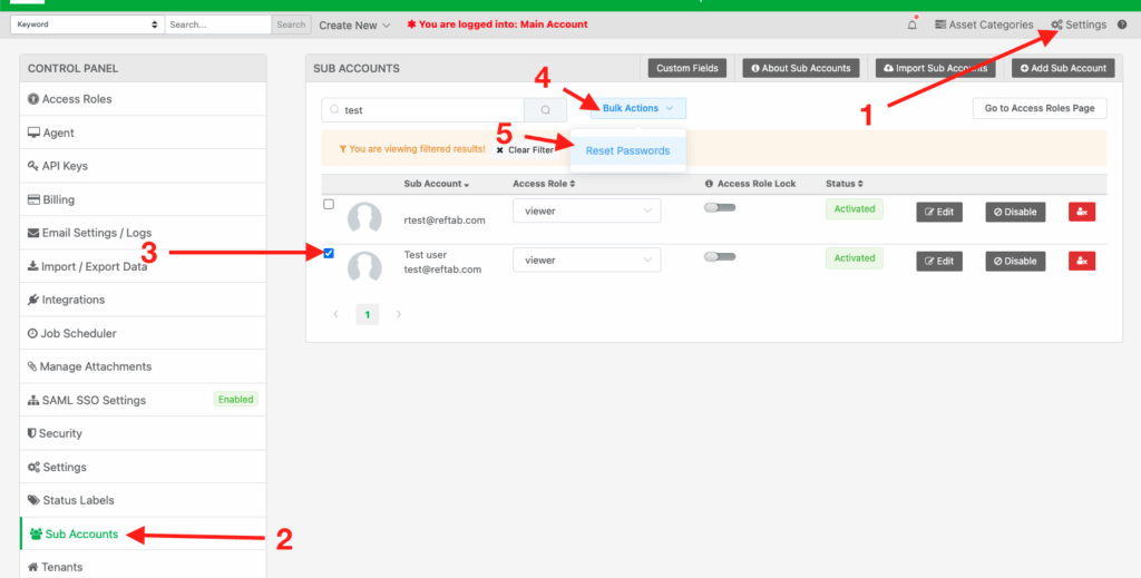 Bulk actions to reset passwords