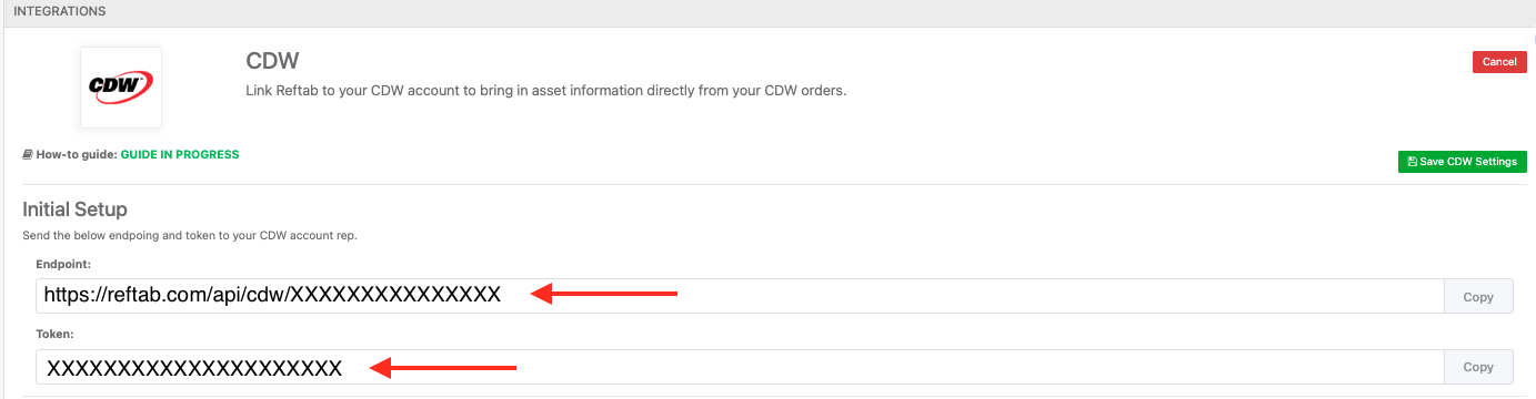 Your CDW account rep will need the Endpoint and Token visible to you on screen