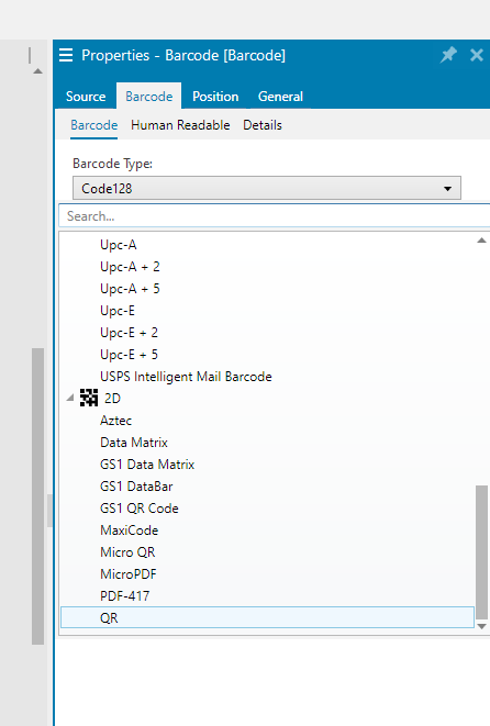 Change the properties tab to Barcode