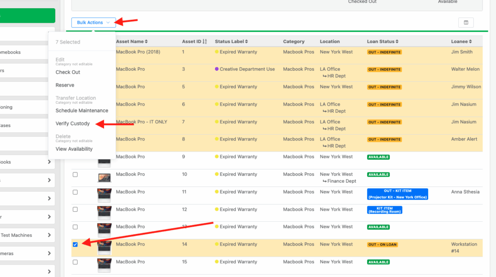 Check boxes asset table