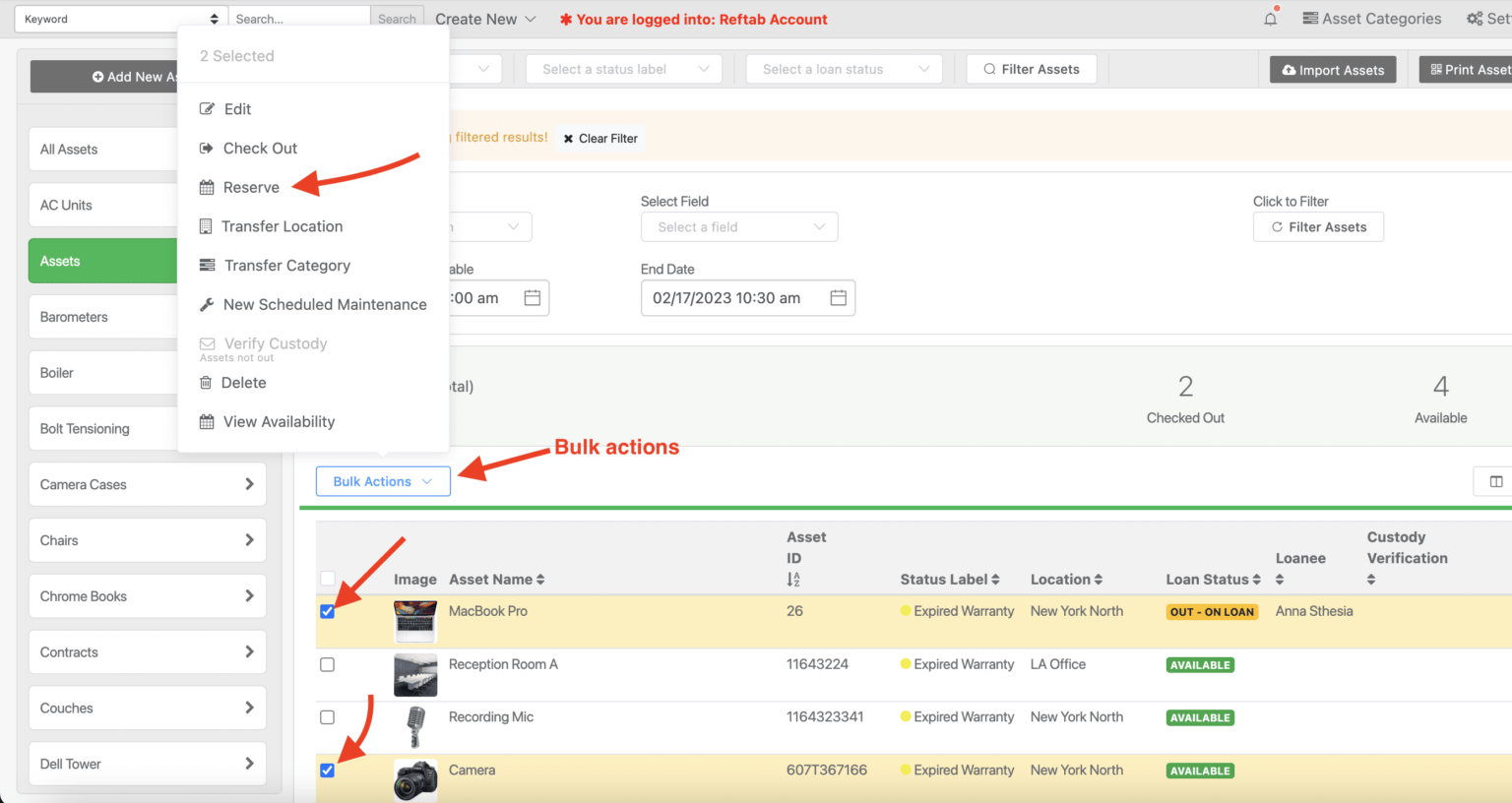Checkboxes assets time reserve