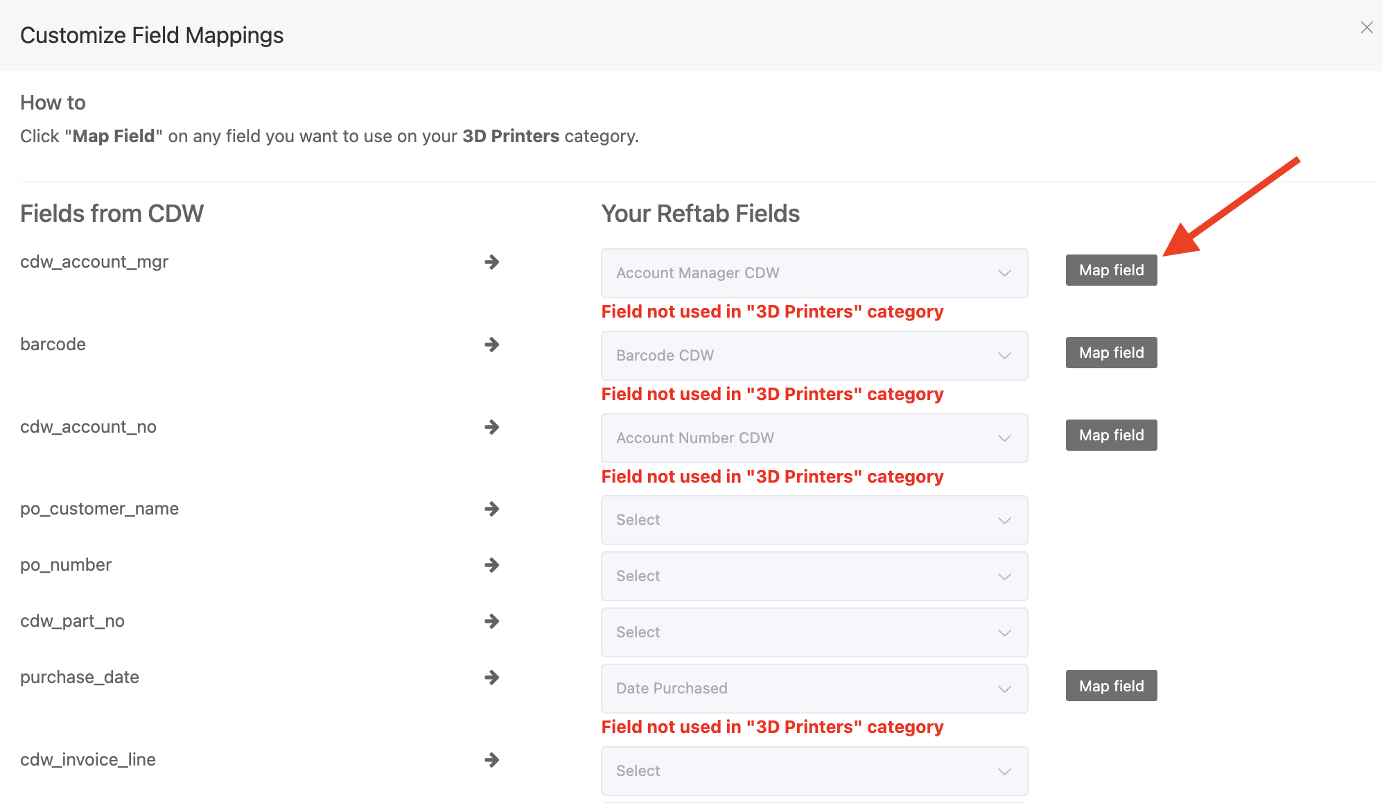 Click “Map Field” for each field required for this category