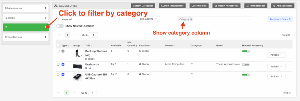 Column selector show categories