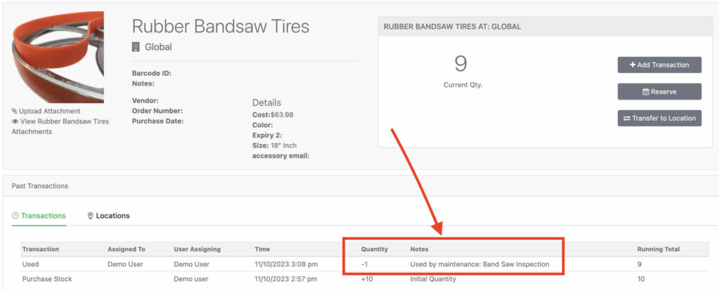 Consumable transaction history