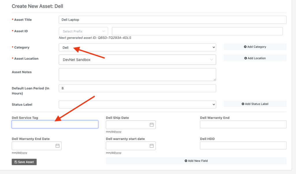 Create new asset dell