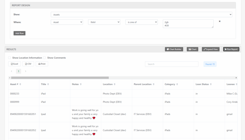 CSV of asset information from Reftab